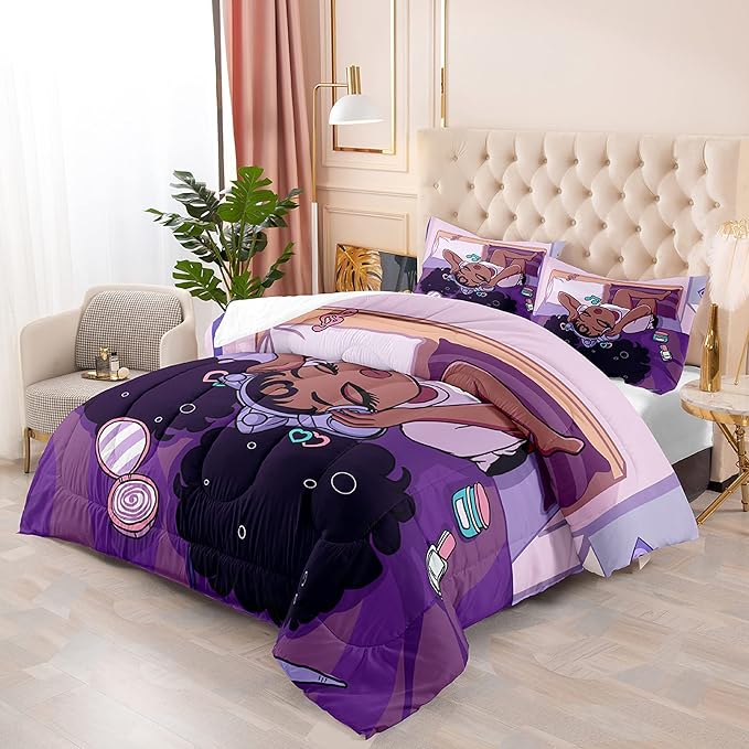 African American Girls Comforter Sets, Pretty Black Girls Love Music Purple Duvet, Fluffy Afro Gilrs Comforter Bedding Set, Queen Size Black Girls Magic Comforter Sets 1 Comforter +2 Pillowcases - LeafyLoom