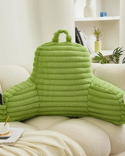 WERDIM Reading Pillow for Sitting in Bed, Faux Fur Back Pillow for Bed Rest, Bed Chair Pillow with Arms and Pockets(Standard, Apple Green) - LeafyLoom