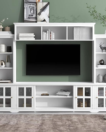 Merax Minimalism Style Entertainment Wall Unit with Bridge, Multifunctional TV Stand with Tempered Glass Door Modern Console Table for Televisions Up to 70”, 104.3 inch Length, White - LeafyLoom