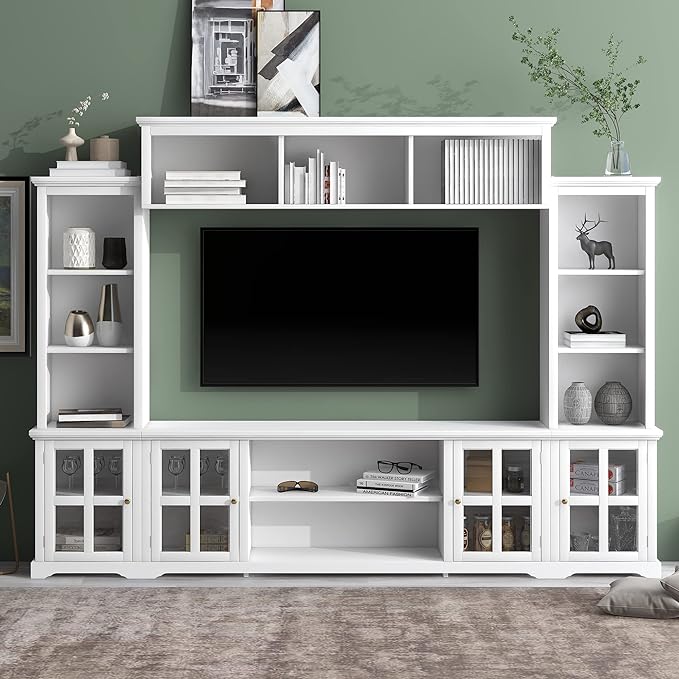 Merax Minimalism Style Entertainment Wall Unit with Bridge, Multifunctional TV Stand with Tempered Glass Door Modern Console Table for Televisions Up to 70”, 104.3 inch Length, White - LeafyLoom
