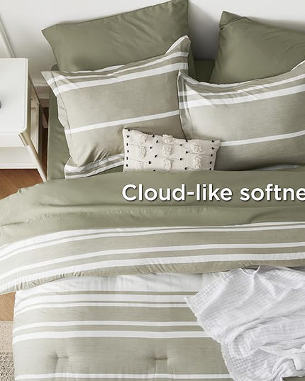 Bedsure Bed in a Bag Queen 7 Pieces, Olive Green White Striped Bedding Comforter Sets All Season Bed Set, 2 Pillow Shams, Flat Sheet, Fitted Sheet and 2 Pillowcases - LeafyLoom