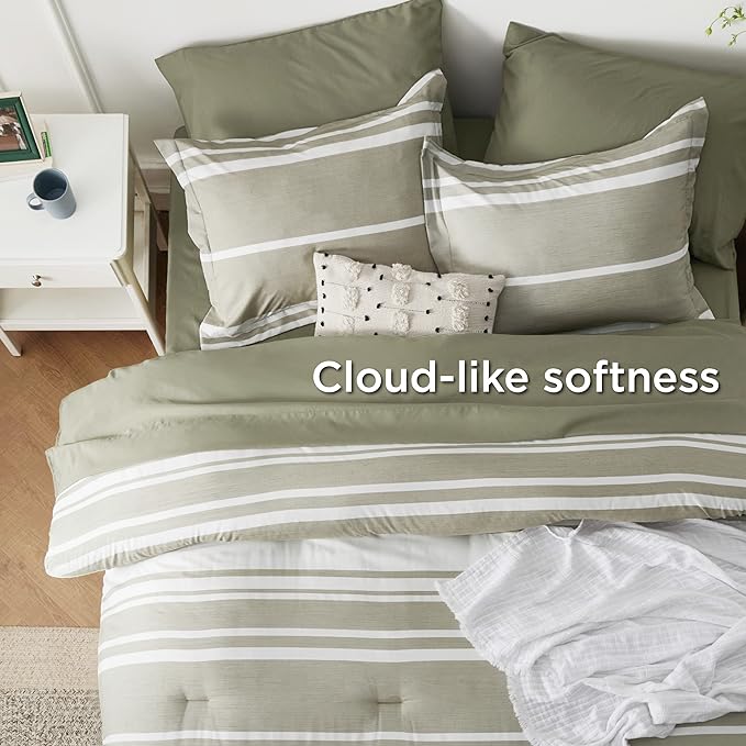 Bedsure Bed in a Bag King 7 Pieces, Olive Green White Striped Bedding Comforter Sets All Season Bed Set, 2 Pillow Shams, Flat Sheet, Fitted Sheet and 2 Pillowcases - LeafyLoom