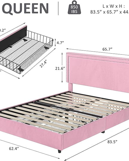 VECELO Queen Size Upholstered Platform Bed Frame with 4 Storage Drawers, Adjustable Velvet Rivets Headboard, Wooden Slats Support, No Box Spring Needed, Easy Assembly - LeafyLoom