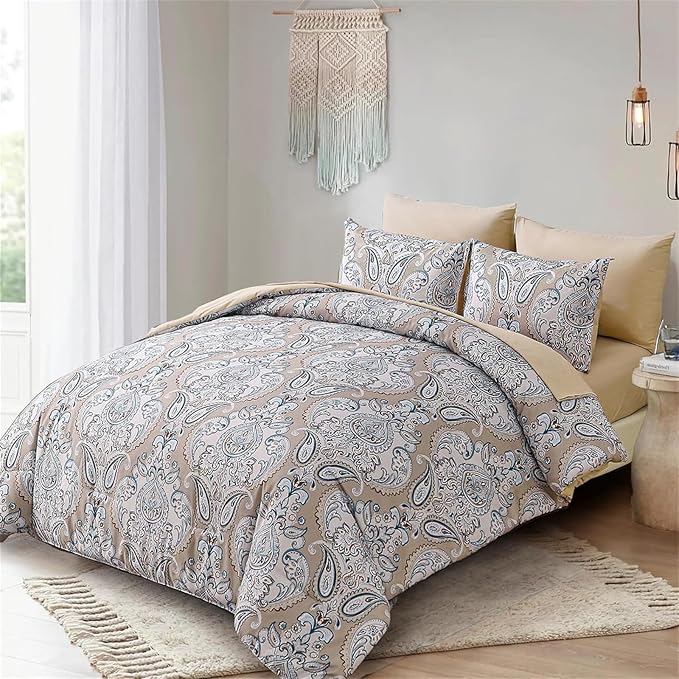 Yiran 7 Pieces Paisley Bedding Set Comforter Set Brown Boho Floral Bed in a Bag Microfiber Comforter Queen Size 90"×90"(1 Comforter,2 Pillowcases,2 Pillow Shams,1 Flat Sheet,1 Fitted Sheet) - LeafyLoom