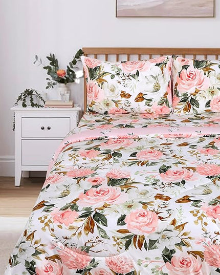 DILIMI Full Size Comforter Set for Girls, Reversible Comforter Full Size, 5 Pieces Ultra Soft Pink Floral Full Size Bed Comforter Sets with Sheet, Comforter, Flat Sheet, 2 Pillowcase - LeafyLoom