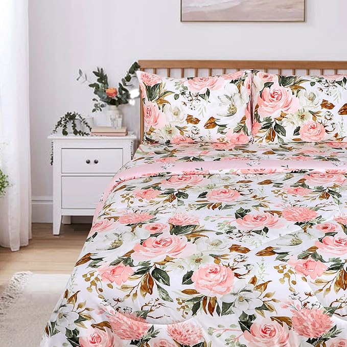 DILIMI Full Size Comforter Set for Girls, Reversible Comforter Full Size, 5 Pieces Ultra Soft Pink Floral Full Size Bed Comforter Sets with Sheet, Comforter, Flat Sheet, 2 Pillowcase - LeafyLoom