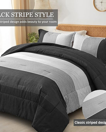 WONGS BEDDING Black Comforter Set Queen, Reversible Black Grey Stripe Down Alternative Comforter for All Season,3 Pieces(1 Patchwork Comforter+2 Pillowcases), Soft Microfiber Bedding Set 90"×90" - LeafyLoom