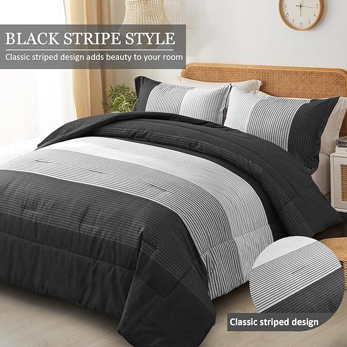 WONGS BEDDING Black Comforter Twin, Black Grey Striped Patchwork Down Alternative Comforter Set for Twin Bed, 2 Pieces(1 Comforter+1 Pillowcase), Soft Microfiber Bedding Duvet Insert 68"×86" - LeafyLoom