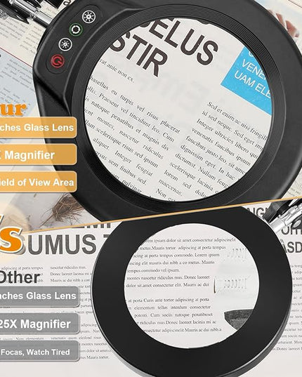 VEEMAGNI 5 Inch Large Magnifying Glass with Light and Stand, 5 Color Modes Stepless Dimmable, 2*16 Inch Swivel Arm LED Clamp Desk Lamp, Hands Free 8X Lighted Magnifier for Close Work Crafts Soldering - LeafyLoom