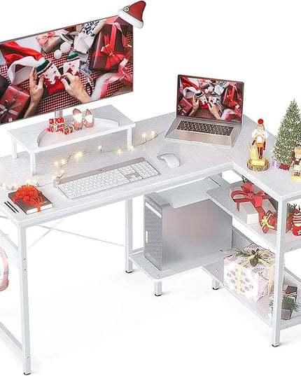 ODK 47 Inch Small L Shaped Computer Desk with Reversible Storage Shelves, L-shaped Corner Desk with Monitor Stand for Small Space, Modern Simple Writing Table for Home Office Workstation, White - LeafyLoom