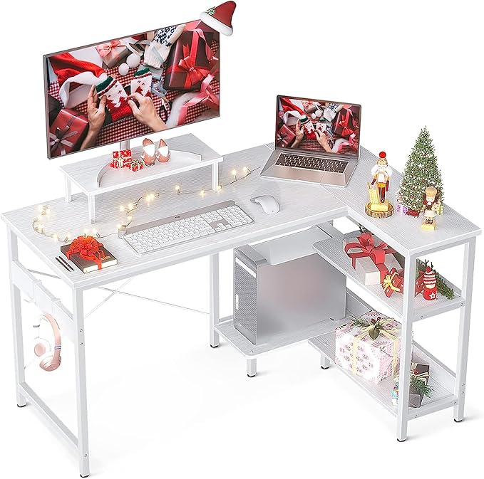 ODK 47 Inch Small L Shaped Computer Desk with Reversible Storage Shelves, L-shaped Corner Desk with Monitor Stand for Small Space, Modern Simple Writing Table for Home Office Workstation, White - LeafyLoom