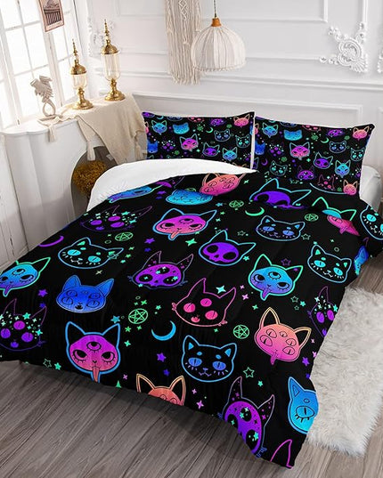 Axolotl Cat Comforter Set Full,Kawaii Trippy Cat Moon Stars Bedding Set with 1 Comforter 2 Pillowcases for Kids Boys Girls Teens Adults Room Decor All Season,Colorful Neon Trippy Bed Set - LeafyLoom