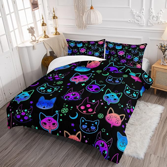 Axolotl Cat Comforter Set Twin,Kawaii Trippy Cat Moon Stars Bedding Set with 1 Comforter 2 Pillowcases for Kids Boys Girls Teens Adults Room Decor All Season,Colorful Neon Trippy Bed Set - LeafyLoom