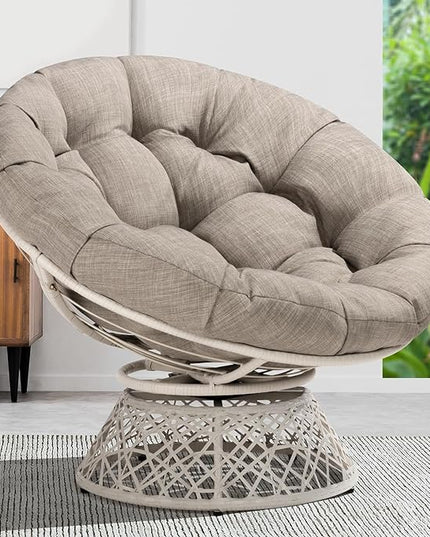 Bme 40" Ergonomic Wicker Papasan Chair with Soft Thick Density Fabric Cushion, High Capacity Steel Frame, 360 Degree Swivel for Living, Bedroom, Reading Room, Lounge - LeafyLoom