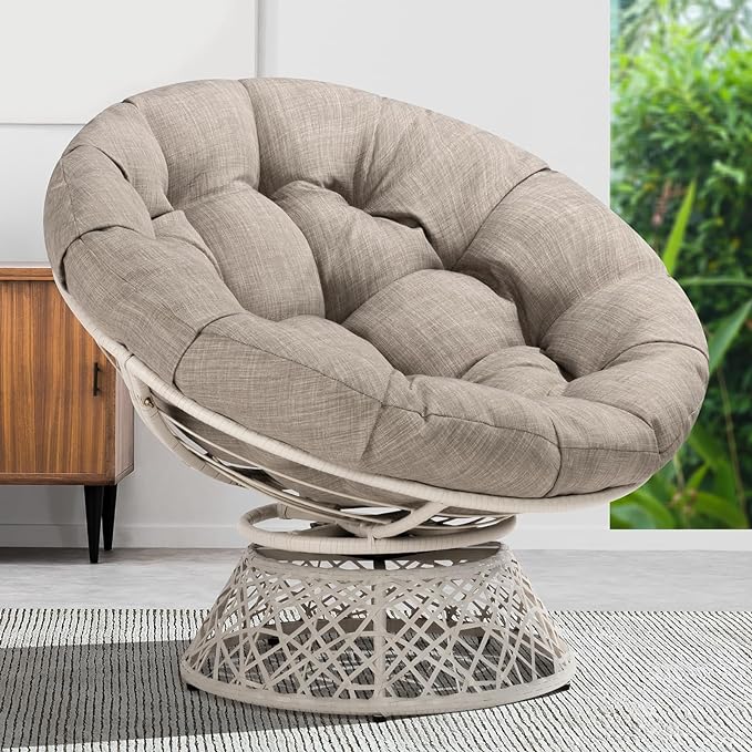 Bme 40" Ergonomic Wicker Papasan Chair with Soft Thick Density Fabric Cushion, High Capacity Steel Frame, 360 Degree Swivel for Living, Bedroom, Reading Room, Lounge - LeafyLoom