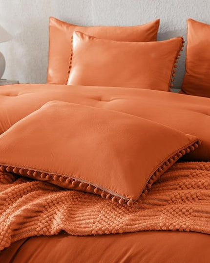 Litanika Queen Size Comforter Set Burnt Orange,3 Pieces Burnt Orange Boho Pom Pom Lightweight Bed Comforter, All Season Solid Color Bedding Comforter Sets (1 Comforter 90x90 Inch, 2 Pillowcases) - LeafyLoom