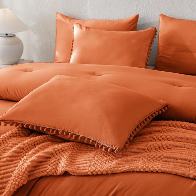 Litanika Queen Size Comforter Set Burnt Orange,3 Pieces Burnt Orange Boho Pom Pom Lightweight Bed Comforter, All Season Solid Color Bedding Comforter Sets (1 Comforter 90x90 Inch, 2 Pillowcases) - LeafyLoom