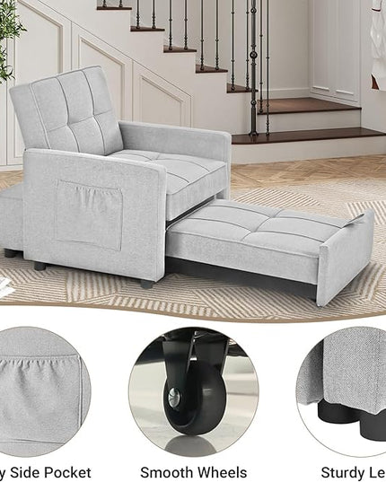 4-in-1 Convertible Sleeper Sofa, Single Pull Out Couch Chair with 6-Level Adjust Backrest Loveseat with Storage and Pillows, Modern Recliner for Living Room Apartment Office, White - LeafyLoom