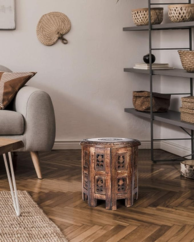 Light & Pro Burnt Round End Table, 12x12 - Octangle, 12 Inch High, Mango Wood, Bohemian Style, 10 lbs Load Capacity - LeafyLoom