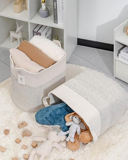 Hampers for Bins Large Blanket Basket,Storage Basket Rectangle Woven Baskets for Storage, Nursery Cotton Rope Basket Living Room, Toy Basket For Organizing, With Handle Dirty Clothes Basket - LeafyLoom