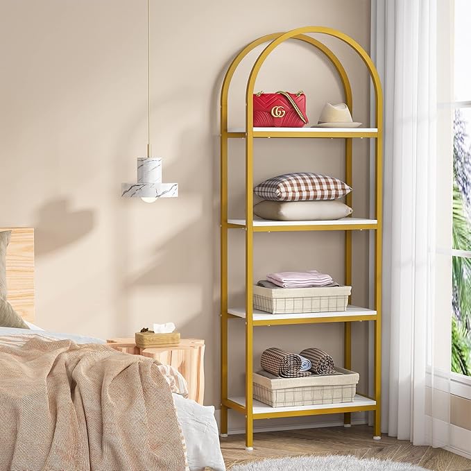 Tribesigns 4-Tier Open Bookshelf, 70.8" Modern Wood Bookcase Storage Shelves with Metal Frame, Freestanding Display Rack Tall Shelving Unit for Office, Bedroom, Living Room (White & Gold, 1PC) - LeafyLoom