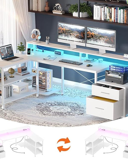 Aheaplus L Shaped Desk with File Drawer, 72.8" Reversible L Shaped Computer Desk with Power Outlet & LED Strip, Gaming Desk with Long Monitor Stand, Office Desk Corner Desk with Storage Shelf, White - LeafyLoom