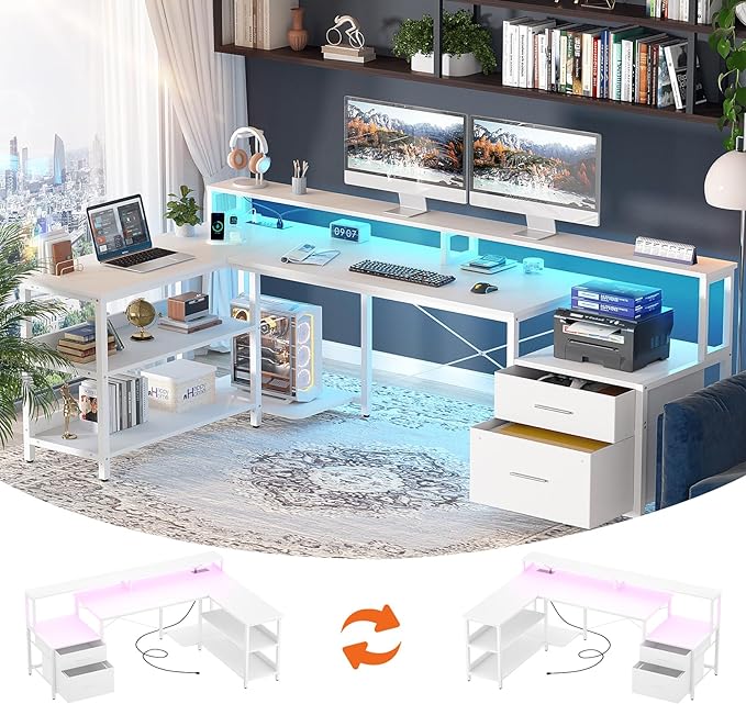 Aheaplus L Shaped Desk with File Drawer, 72.8" Reversible L Shaped Computer Desk with Power Outlet & LED Strip, Gaming Desk with Long Monitor Stand, Office Desk Corner Desk with Storage Shelf, White - LeafyLoom
