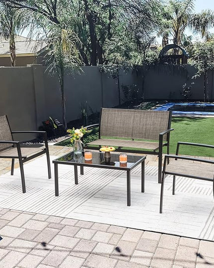 Greesum 4 Pieces Patio Furniture Set Outdoor Conversation Textilene Fabric Chairs for Lawn, Garden, Balcony, Poolside with A Glass Coffee Table, Brown - LeafyLoom