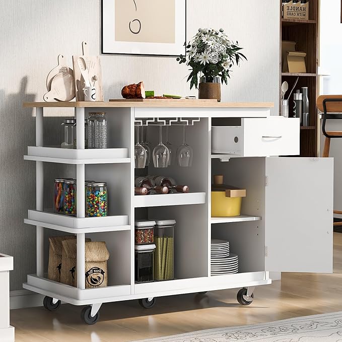 Kitchen Island Cabinet with Side Storage & Rubber Wood Top, Multipurpose Mobile Cart On Wheels w/Wine Rack and Adjustable Shelves for Dining Room, Home, Bar - LeafyLoom