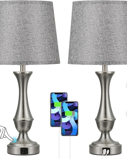 Touch Lamps for Bedrooms Set of 2 - Nightstand Table Lamp with USB C+A, 3 Way Dimmable Bedside Lamps for Living Room End Tables Set of 2, Farmhouse Night Stand Lamps(Grey&Nickel) - LeafyLoom