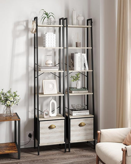 Narrow Bookshelf Bookcase with Drawer, Ladder Shelf with 2 Hooks, Bookshelves Storage Organizer, Freestanding Display Standing for Home Office, Bedroom, 6 Tier Greige BC19605B - LeafyLoom