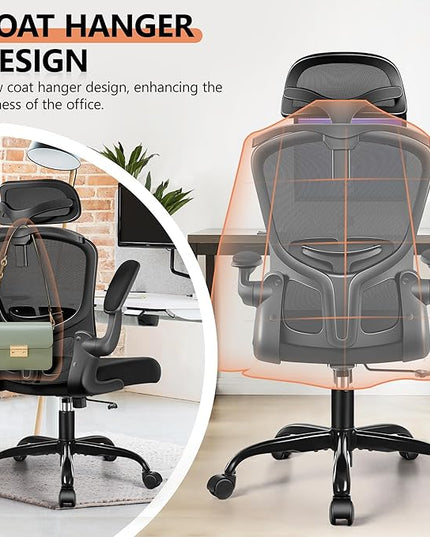 FelixKing Office Chair with Headrest, Ergonomic Desk Chair with Wheels, Task Swivel Comfy Chair with Adjustable Lumbar Support, Breathable Mesh Computer Chair with flip-up Armrests (Black) - LeafyLoom
