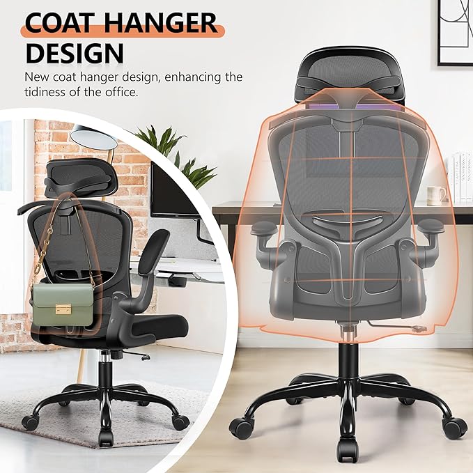 FelixKing Office Chair with Headrest, Ergonomic Desk Chair with Wheels, Task Swivel Comfy Chair with Adjustable Lumbar Support, Breathable Mesh Computer Chair with flip-up Armrests (Black) - LeafyLoom