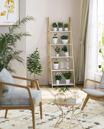 finetones 5 Tier Ladder Shelf, Free Standing Gold Book Shelf Display Bookcase, Storage Organizer Unit Flower Stand Plant Rack for Living Room - LeafyLoom