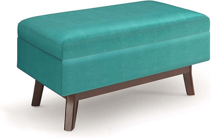 SIMPLIHOME Owen 36 inch Wide Rectangle Small Rectangular Storage Ottoman in Aqua Blue Velvet Fabric, for the Living Room, Family Room and Entryway - LeafyLoom