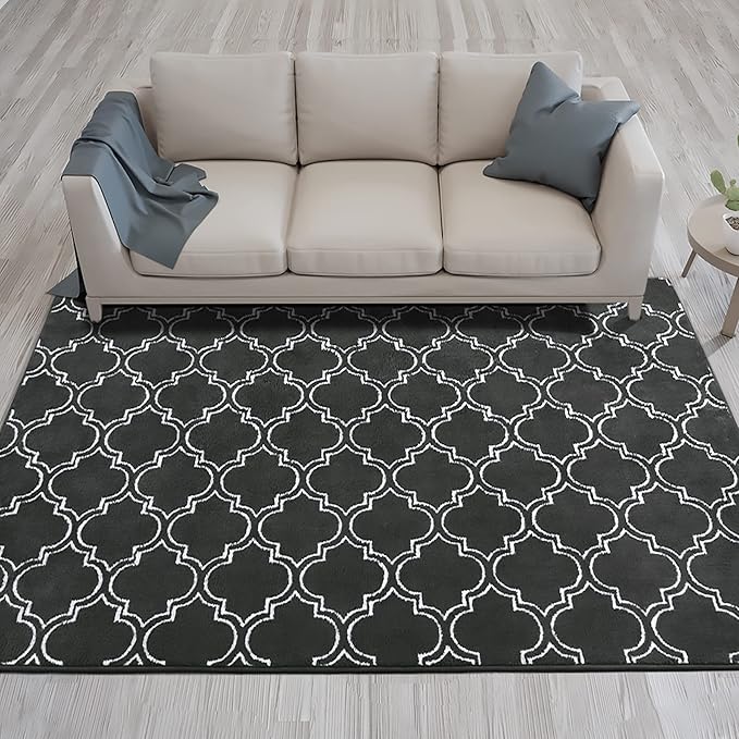 Chicrug Shag Geometric Modern Area Rug for Bedroom, 6x9 Feet Memory Foam Indoor Carpet, Fluffy Rug for Living room Bedside Room Decor for Family Girls Kids Nursery Play Mat, Dark Grey/White - LeafyLoom