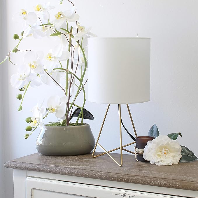 Simple Designs LT2066-GDW 13.5" Down to the Wire Metal Table Lamp with Fabric Shade, Gold with White Shade - LeafyLoom