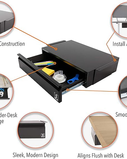 Stand Steady Attachable Under Desk Drawer | Pull-Out Storage Organizer with Smooth Sliding Tracks | Spacious Storage Drawer Easily Mounts to Desks and Workstations (Black / 17.5 x 11.5) - LeafyLoom