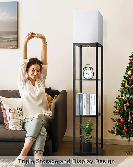 Floor Lamp with Shelves for Living Room, Shelf Floor Lamp with 3 CCT LED Bulb, Corner Display Standing Column Lamp Etagere Organizer Tower Nightstand with White Linen Shade for Bedroom, Office - LeafyLoom