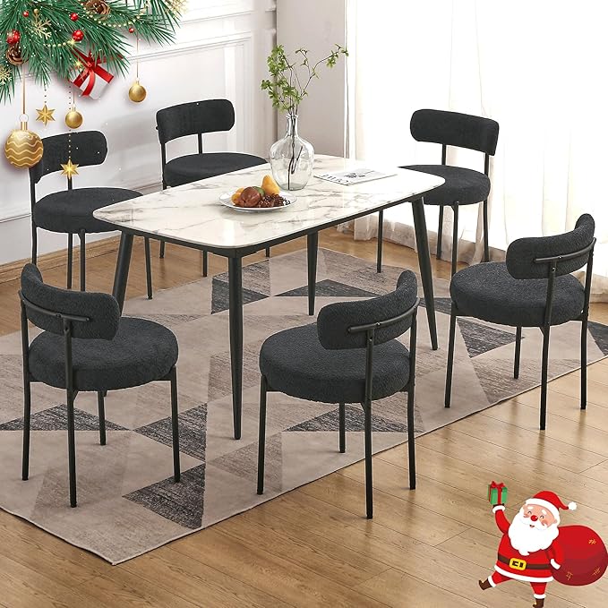 EDWELL Black Dining Chairs Set of 6, Mid-Century Modern Dining Room Chairs with Thick Cushions, Round Upholstered Boucle Dining Chair with Metal Legs for Kitchen, Living Room, Kitchen Chairs - LeafyLoom