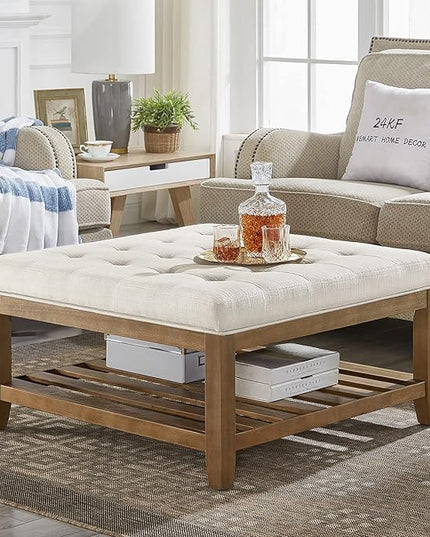 24KF Large Square Upholstered Tufted Linen Ottoman Coffee Table, Large Footrest Ottoman with Solid Wood Shelf-Ivory - LeafyLoom