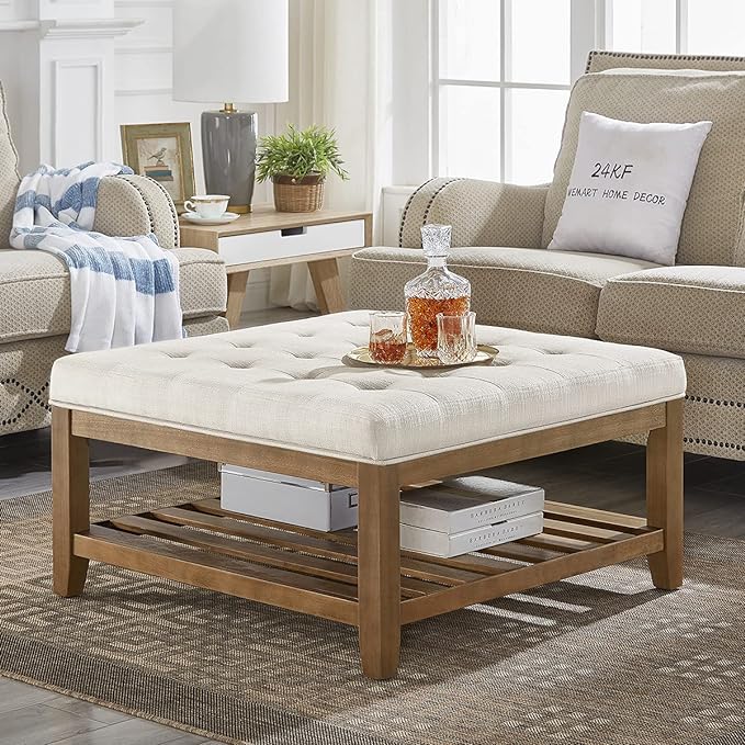24KF Large Square Upholstered Tufted Linen Ottoman Coffee Table, Large Footrest Ottoman with Solid Wood Shelf-Ivory - LeafyLoom