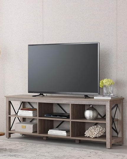 Henn&Hart Rectangular TV Stand for TV's up to 80" in Gray Oak, Electric Fireplace TV Stands for the Living Room - LeafyLoom