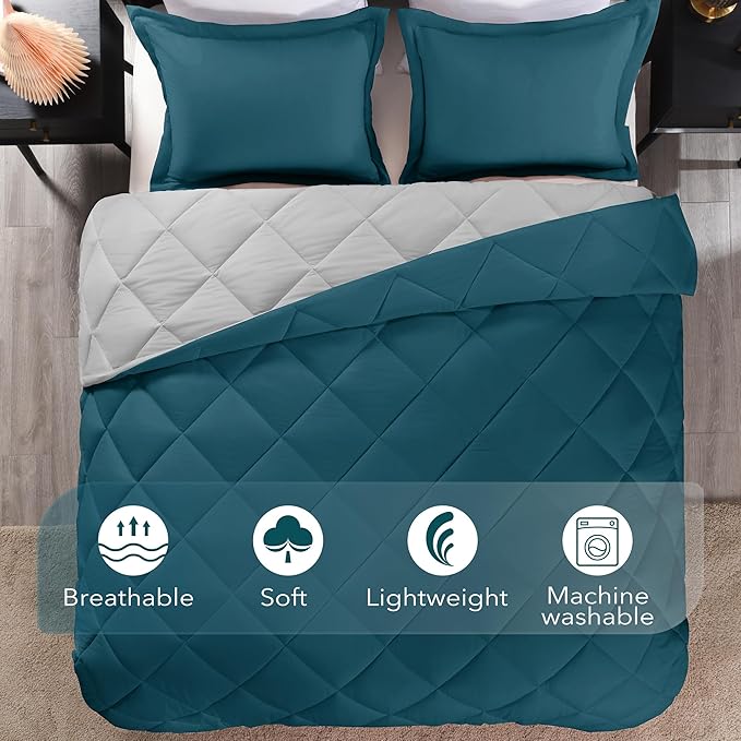 downluxe Queen Comforter Set - Green and Grey Queen Comforter, Soft Bedding Sets for All Seasons -3 Pieces - 1 Comforter (88"x92") and 2 Pillow Shams(20"x26") - LeafyLoom