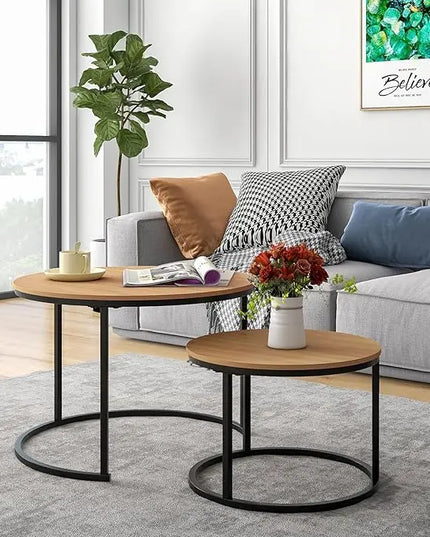 Industrial Round Coffee Table Set of 2 End Table for Living Room,Stacking Side Tables, Sturdy and Easy Assembly,Wood Look Accent Furniture with Metal Frame,Black+Teak OAKDK - LeafyLoom