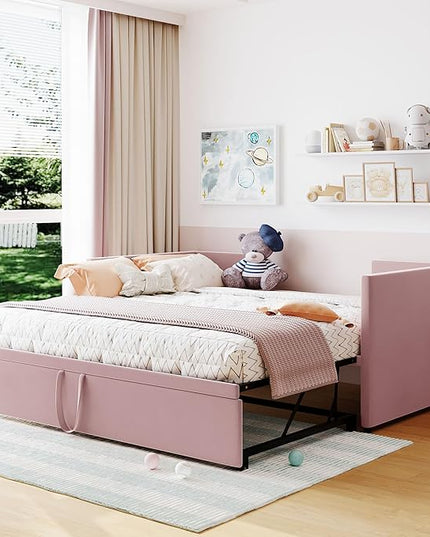 Day Bed (Twin, Pink) with Pop Up Trundle, Velvet Upholstered, Extendable to King, Backrest and Armrests, for Living Room Apartment - LeafyLoom