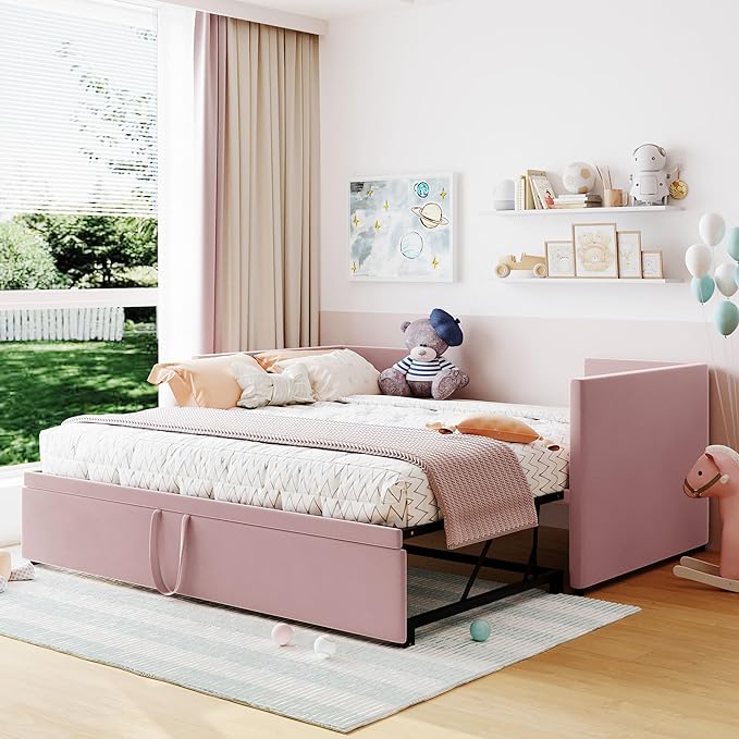 Day Bed (Twin, Pink) with Pop Up Trundle, Velvet Upholstered, Extendable to King, Backrest and Armrests, for Living Room Apartment - LeafyLoom