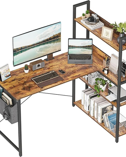 Treesland 47 Inch Computer Desk with Bookshelf, Corner Desk with Storage, L Shaped Desk, Home Office Desks, Writing Study Desk for Bedroom, Brown - LeafyLoom