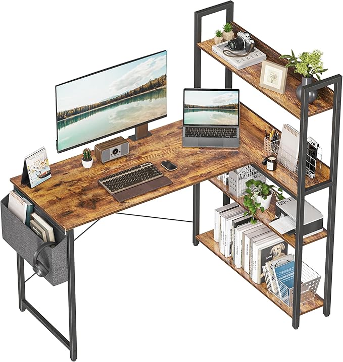 Treesland 47 Inch Computer Desk with Bookshelf, Corner Desk with Storage, L Shaped Desk, Home Office Desks, Writing Study Desk for Bedroom, Brown - LeafyLoom