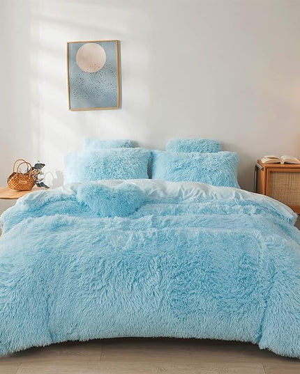 Fluffy Blue Comforter Cover Set Queen - Ultra Soft Plush Blue Bedding Sets 3 Pieces (1 Faux Fur Duvet Cover + 2 Faux Fur Pillow case) Blue Bed Set Queen (Blue, Queen) - LeafyLoom